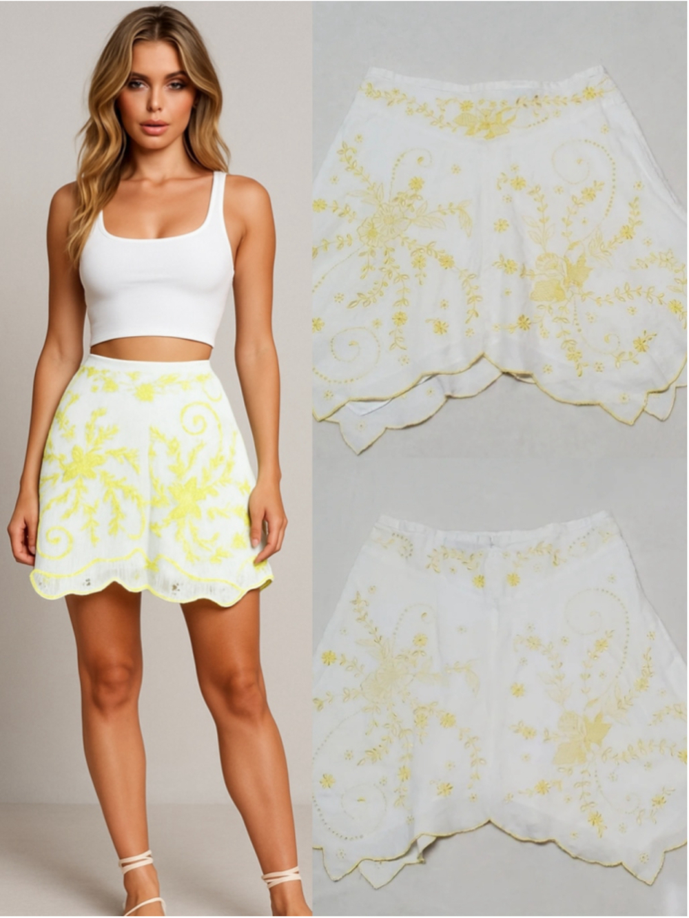 FRENCH Connection White Yellow Floral Embroidered Full Scalloped Hanky Skirt